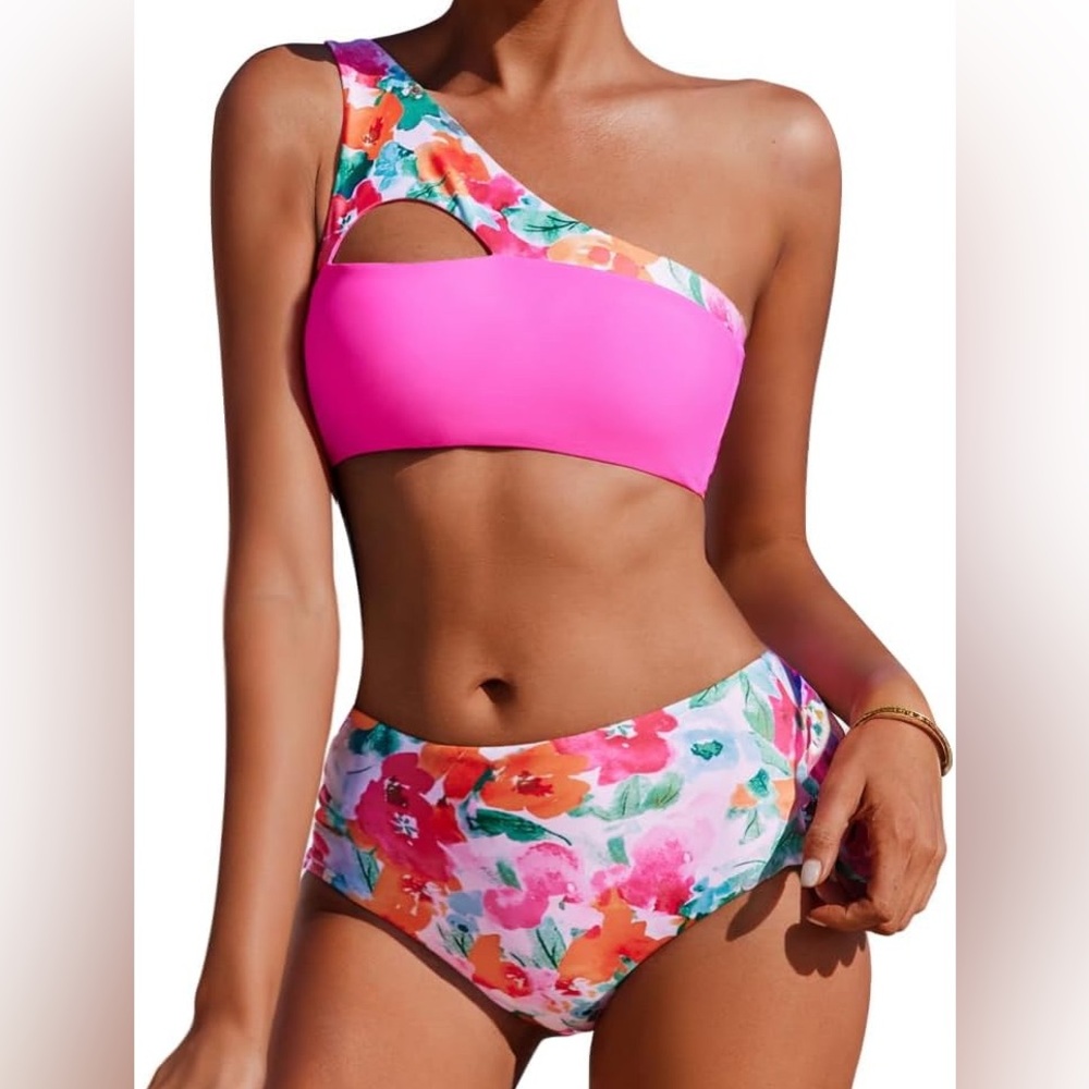AI'MAGE Bikini Reversible One Shoulder Top high waist swim bottom size XL NWT